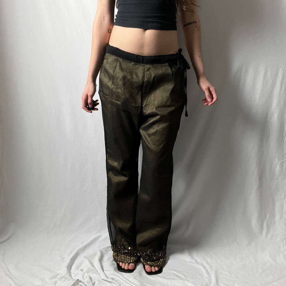 vtg gold black boho sheer layered beaded low rise drawstring straight leg pants